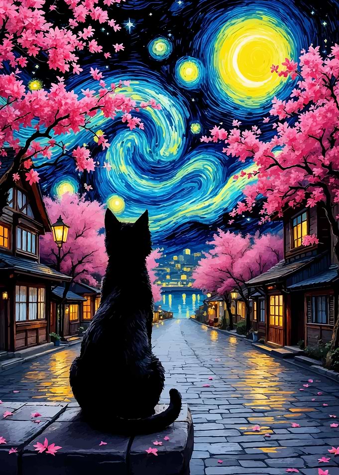 Black Cat Under Starry Night