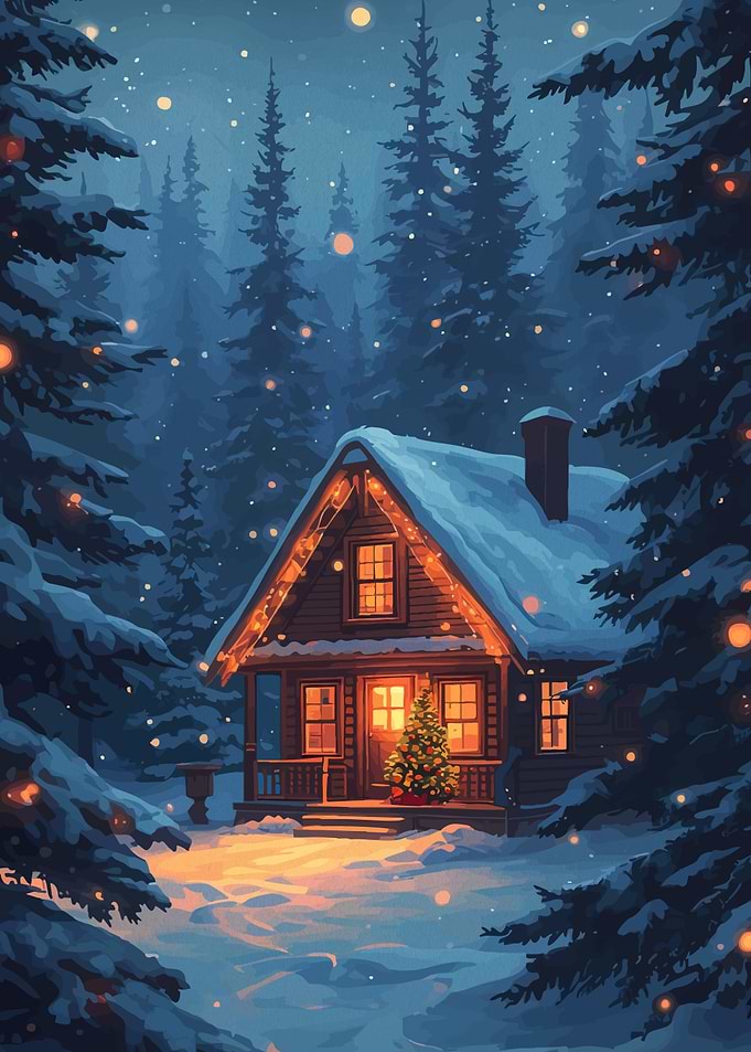 Winter Cabin Christmas Scene