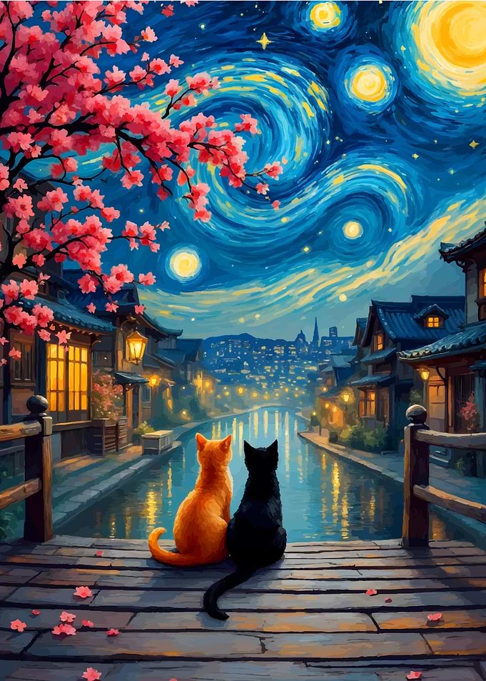 Cats on Bridge Under Starry Night