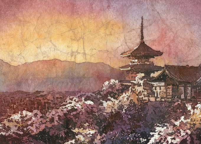Kiyomizu-dera Buddhist temple overlooking city of Kyoto, Japan at sunset colorful landscape watercolor batik
