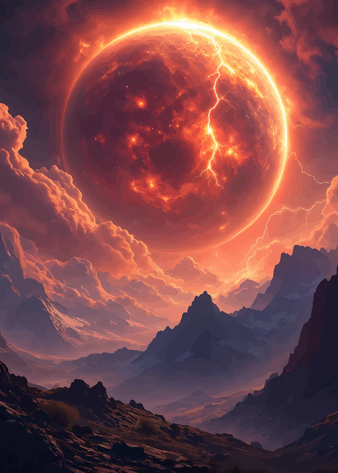 Fiery Planet Over Mountain Landscape