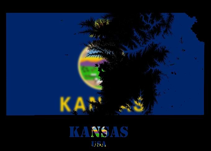 Kansas USA state Topographic Contour Relief Map blending terrain features into its emblematic colorful flag