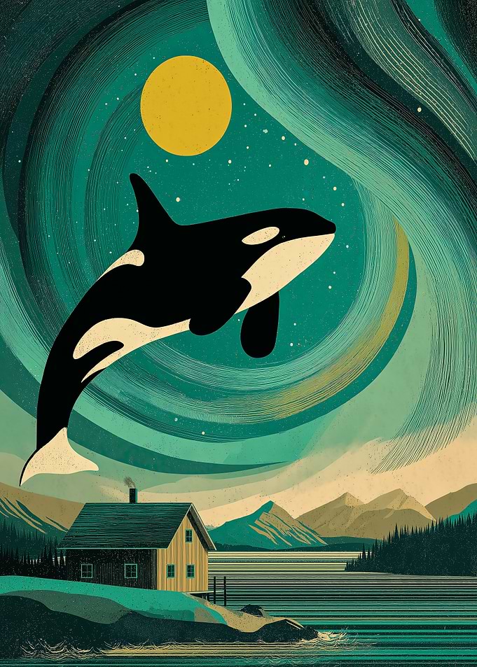 Midnight Orca Aurora — Leaping Whale Over Lake Cabin, Teal & Gold Night Sky
