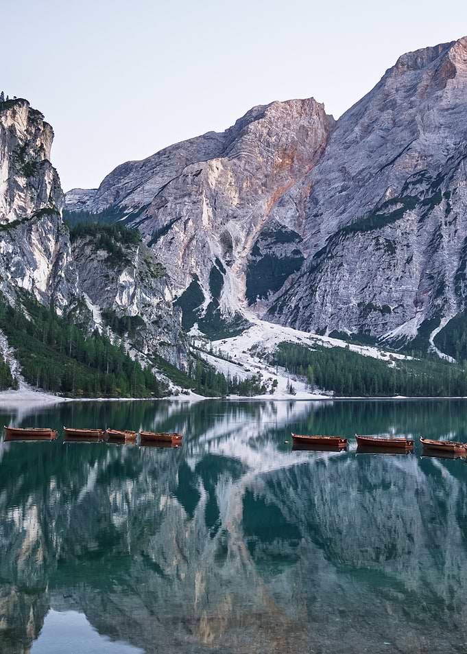 Lake Braies with boats and mountains