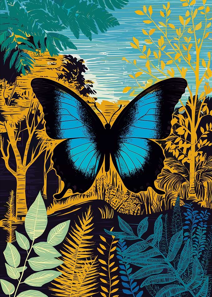 Blue Butterfly in Forest Illustration