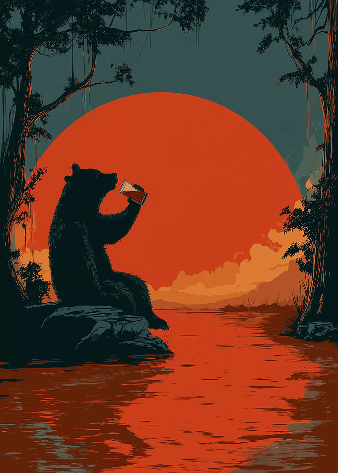Bear Drinking Beer at Sunset