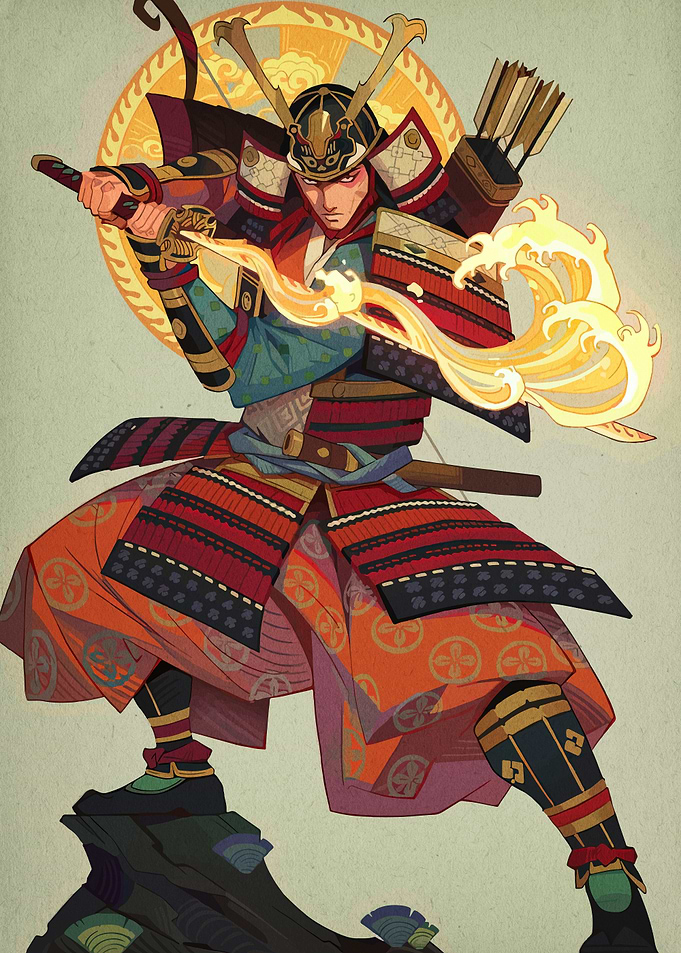 Samurai Warrior with Sword and Fire