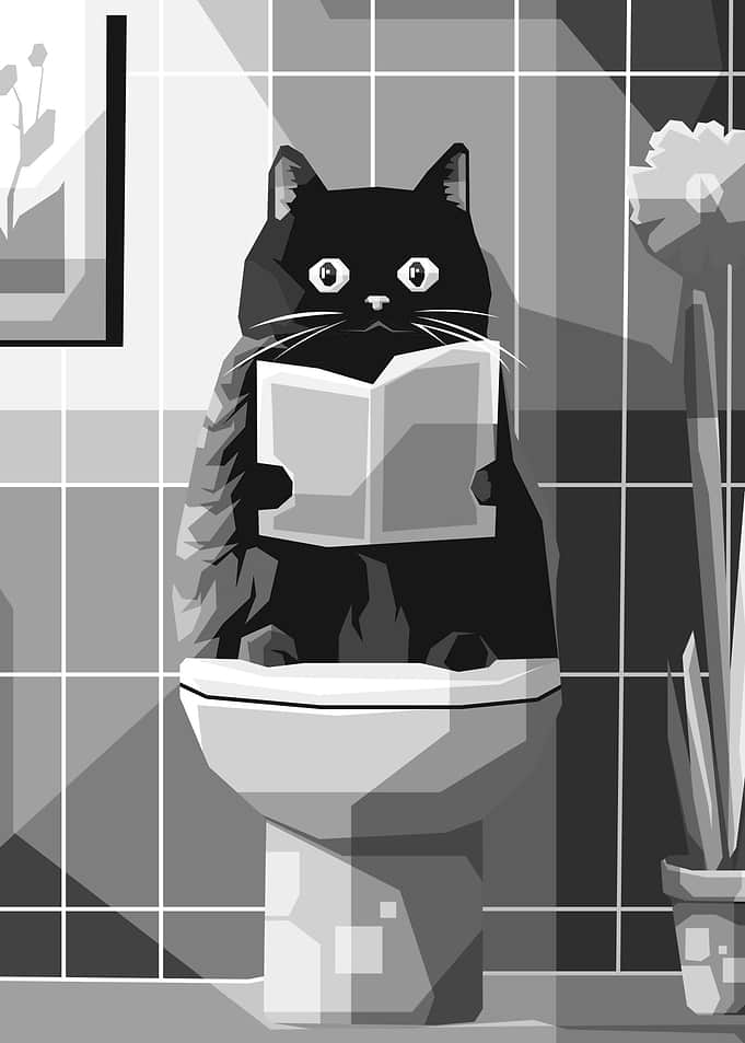 Cat Reading on Toilet, Black and White