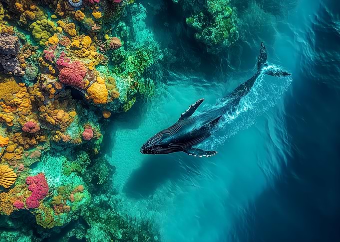 Underwater Humpback Whale near coral reef