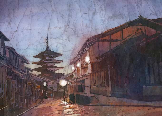 Hōkan-ji Temple (Yasaka Pagoda) in Kyoto Japan Buddhist pagoda historical monument watercolor painting