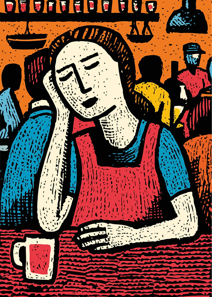 Barista Resting at Bar Woodcut Print