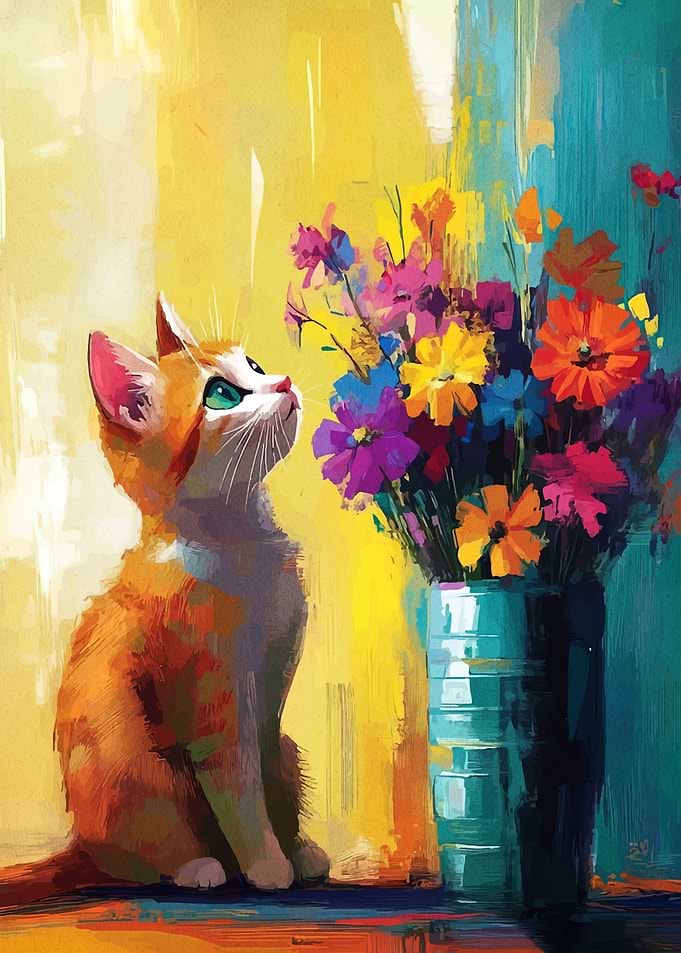 Cat and Flowers Painting