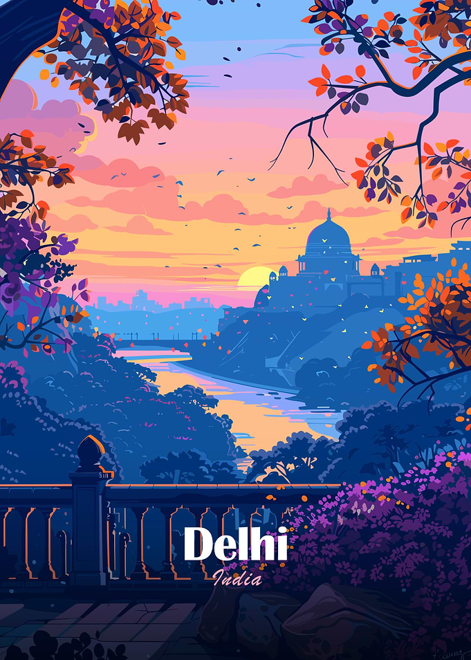 Delhi, India: Colorful Cityscape Illustration