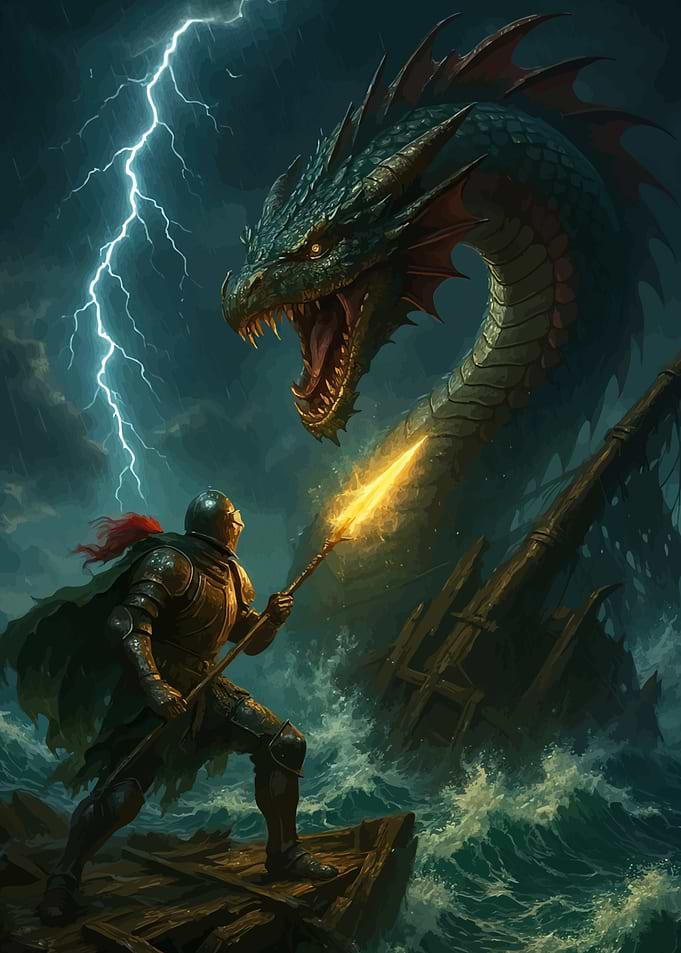 Knight Facing Dragon Stormy Sea