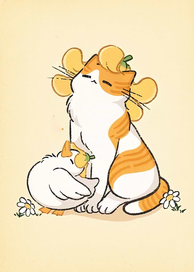Cat and Duck with Flower Crowns