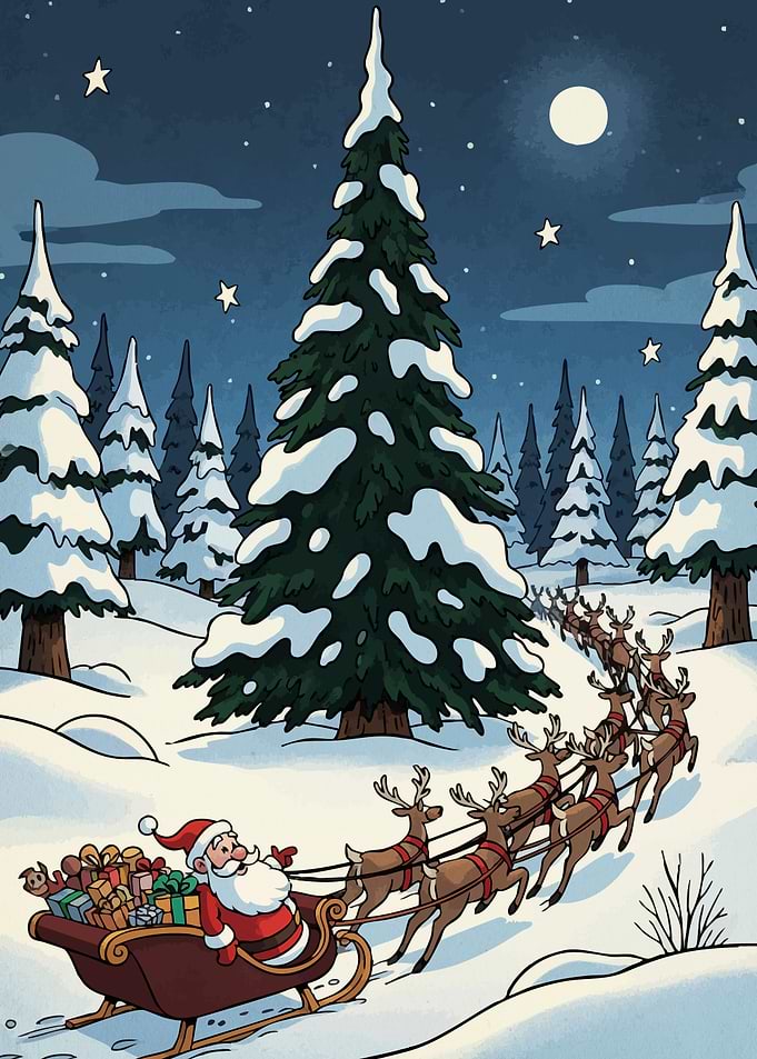 Santa's Sleigh Through Snowy Forest