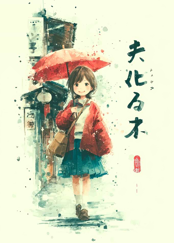 Anime Girl with Umbrella in Watercolor Style