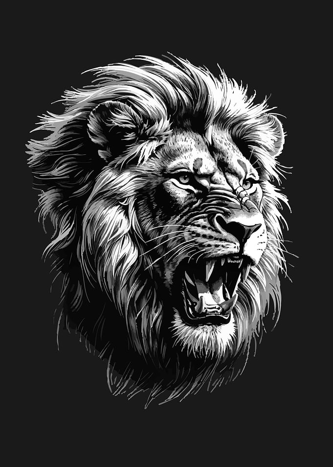 Roaring Lion Head Black and White