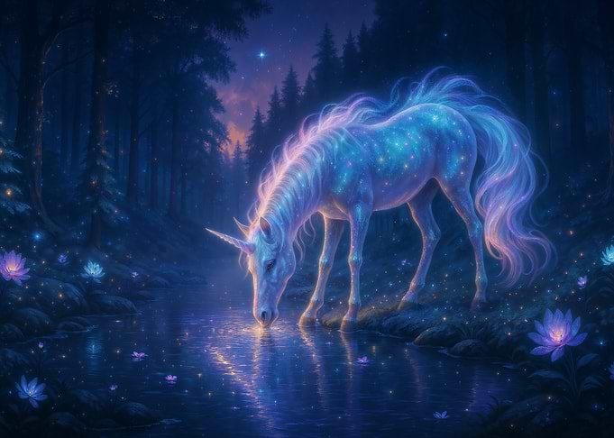 Magical Unicorn Drinking in Enchanted Forest Stream