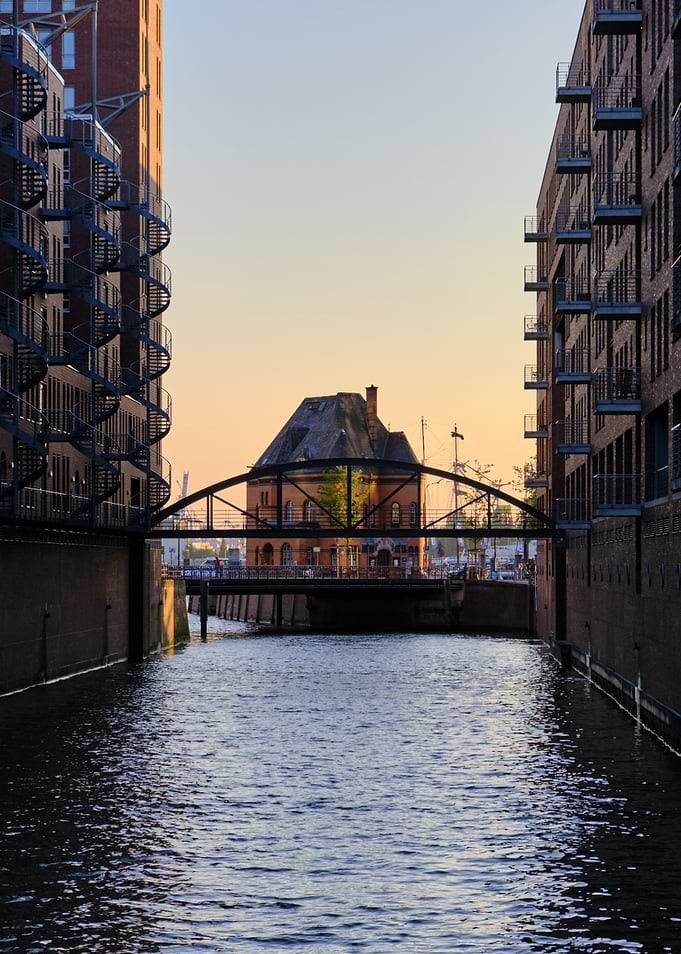 Hamburg canal with bridge and buildings