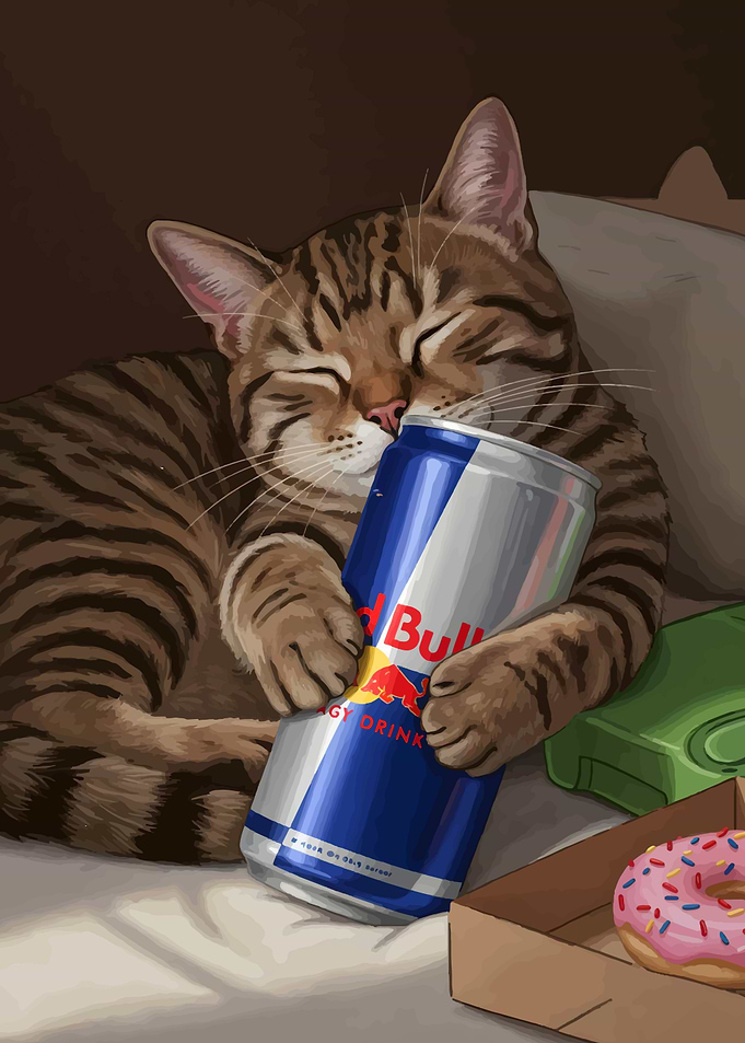 Sleeping Cat with Red Bull