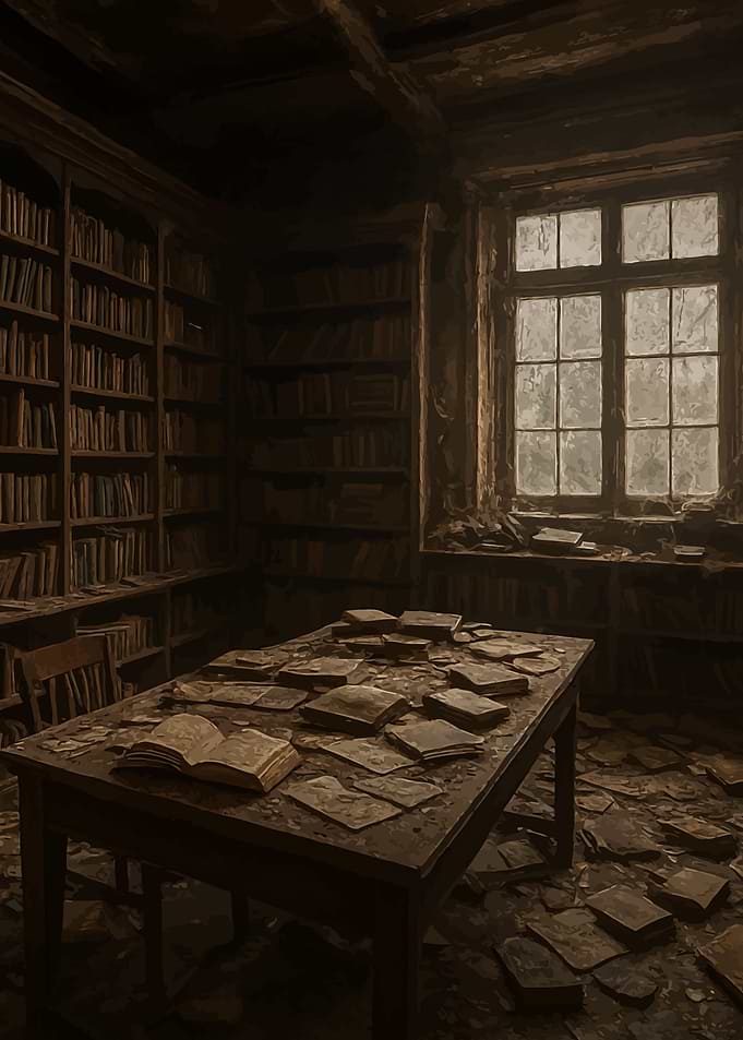 Dusty Library with Books and Table
