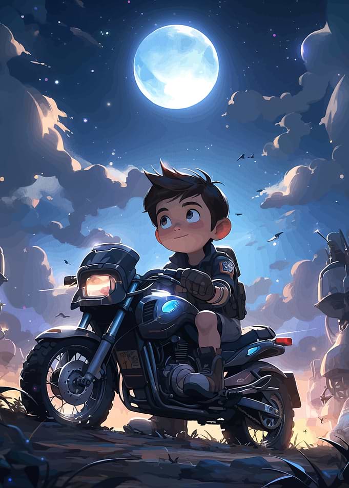 Boy Motorcycle Moonlight