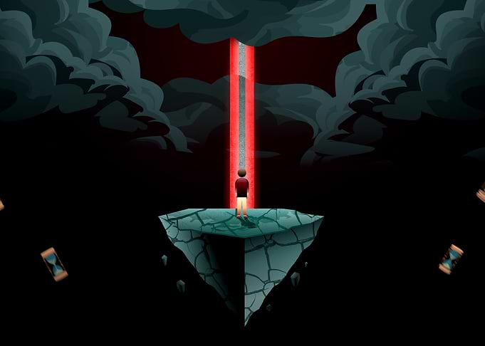Man on Floating Island with Red Beam