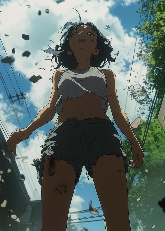 Anime Girl Looking Upward in City