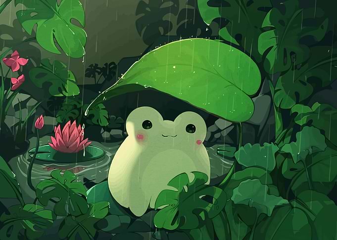 Cute Frog Under Leaf Rain