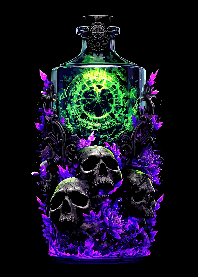 Potion bottle with skulls and magic