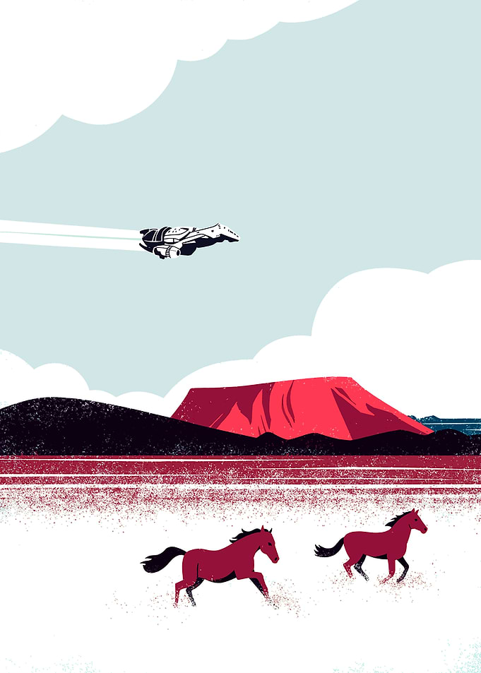 Horses, Spaceship, and Red Mountain Landscape