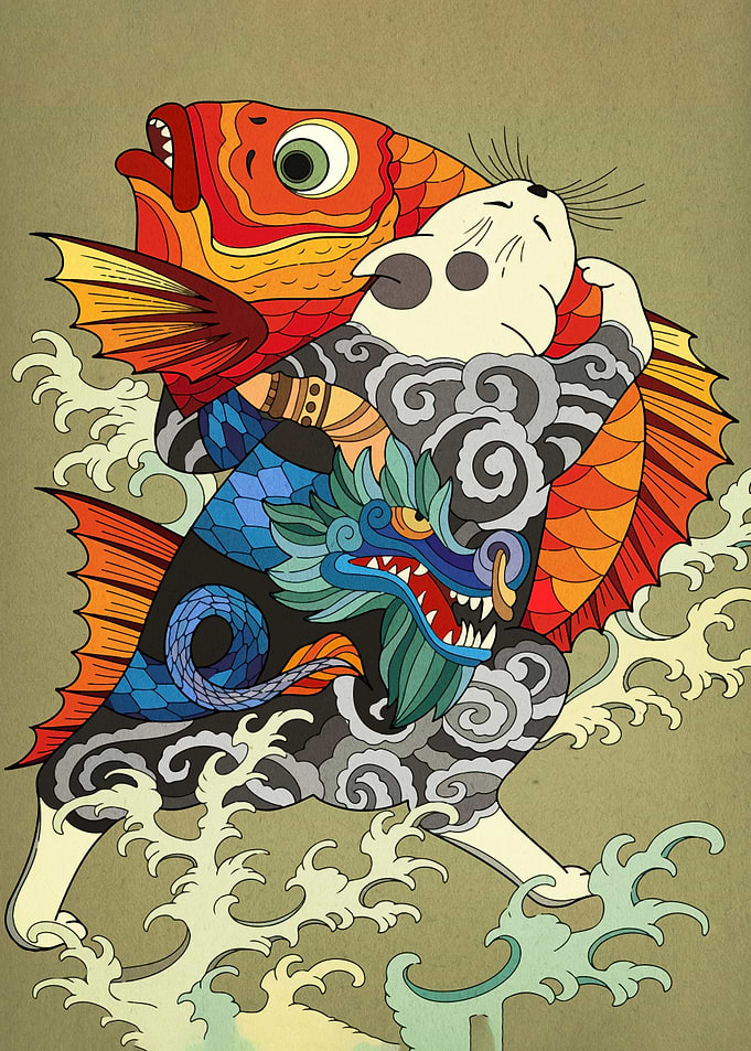 Cat with Fish and Dragon Tattoo