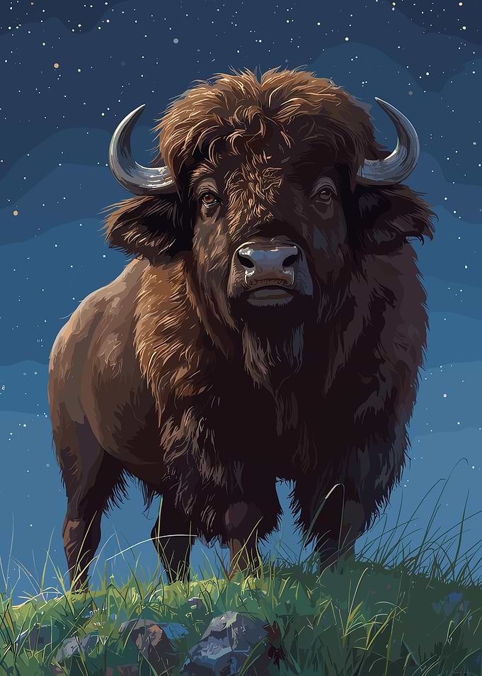 Majestic Bison Under Starry Night Sky