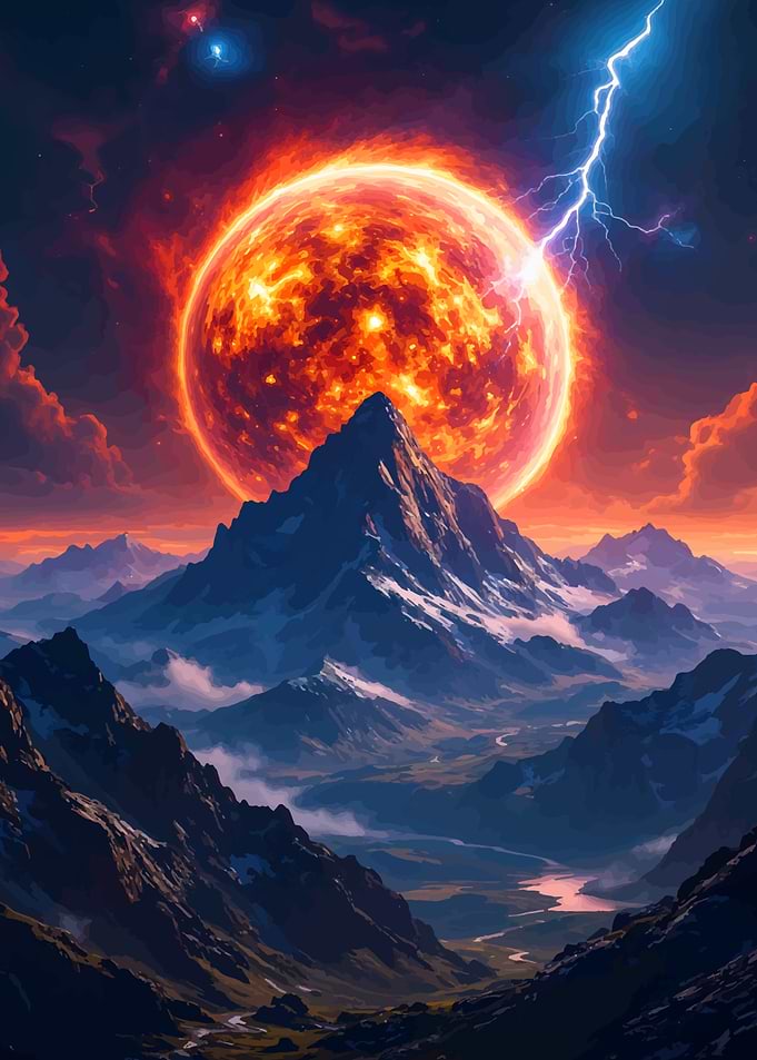 Fiery Sun Over Mountain Landscape