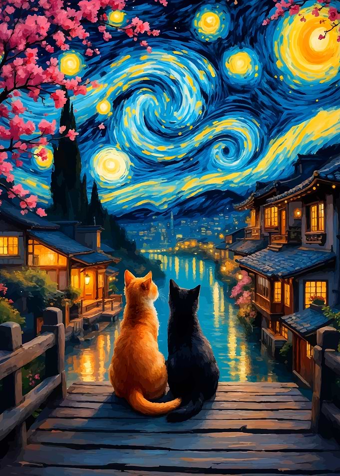 Cats gazing at Starry Night cityscape