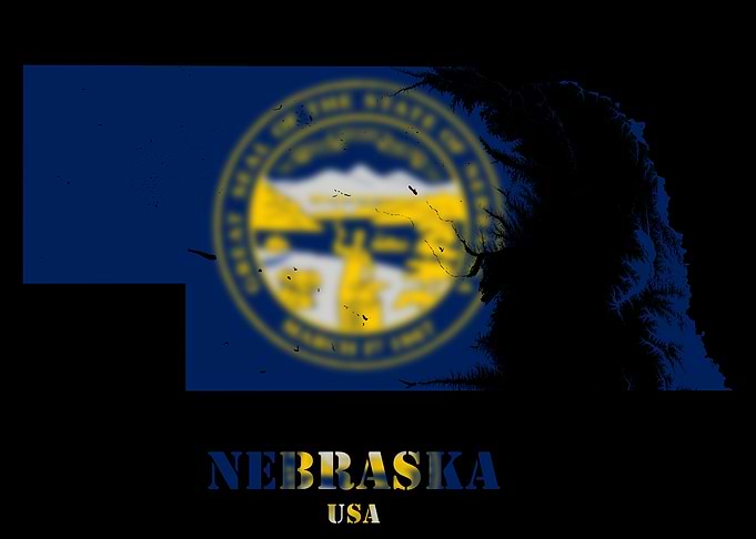 Nebraska USA state Topographic Contour Relief Map blending terrain features into its emblematic colorful flag