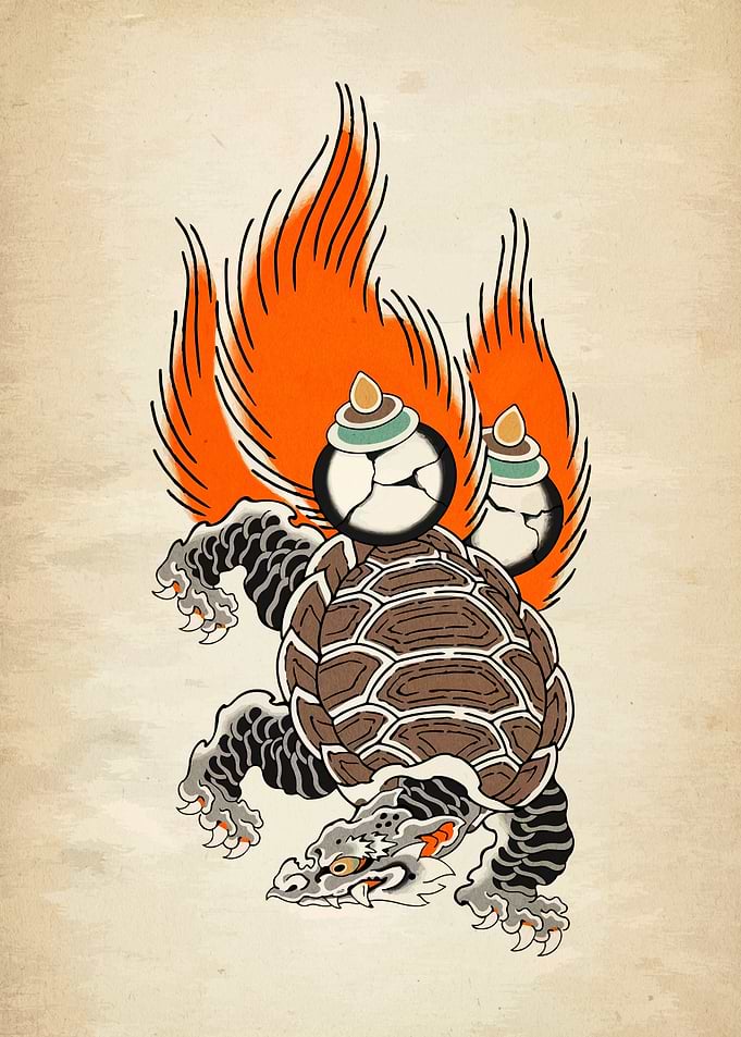 Japanese mythical turtle with fire