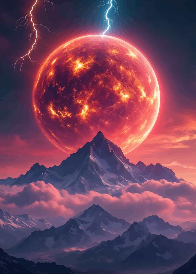 Fiery Planet Over Mountain Range