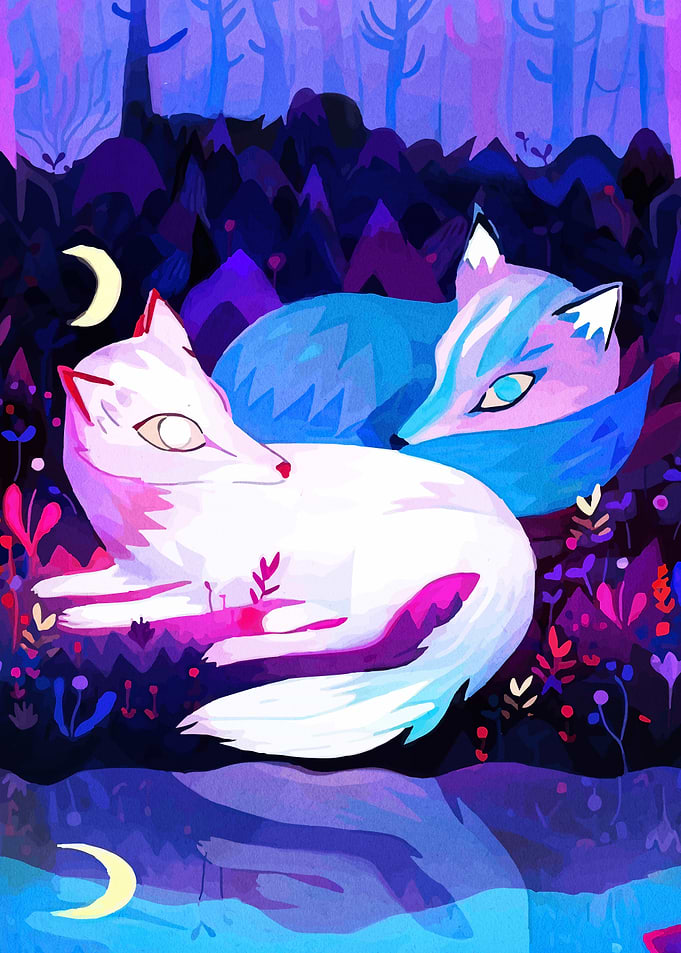 Resting Foxes in a Magical Forest