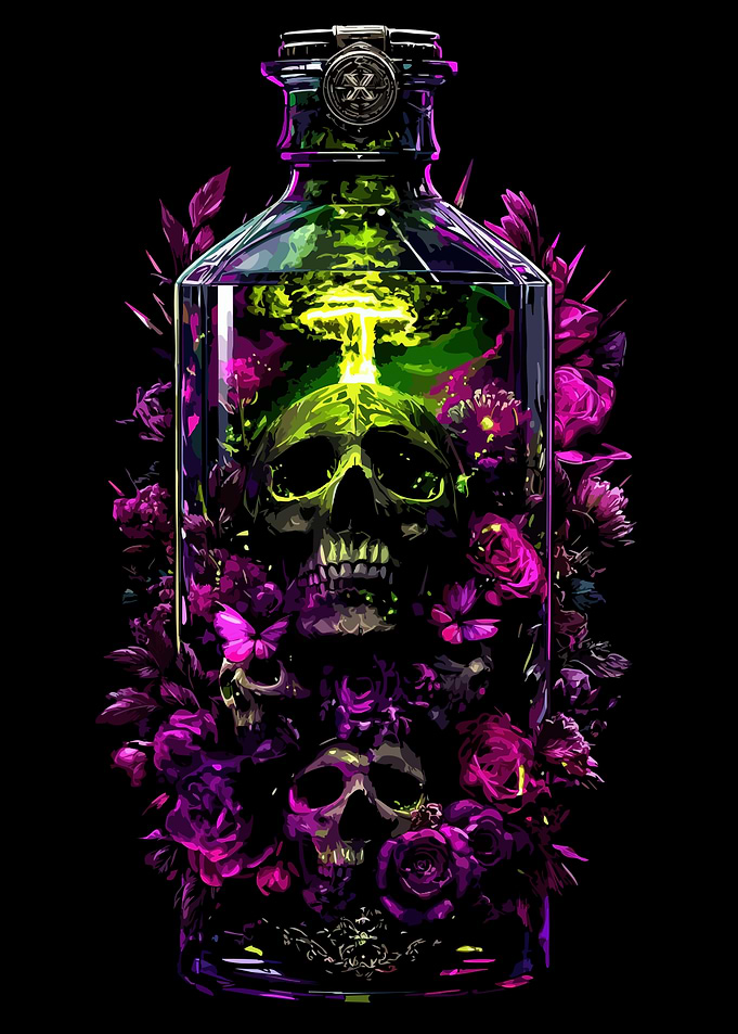 Skull Bottle with Flowers and Explosion