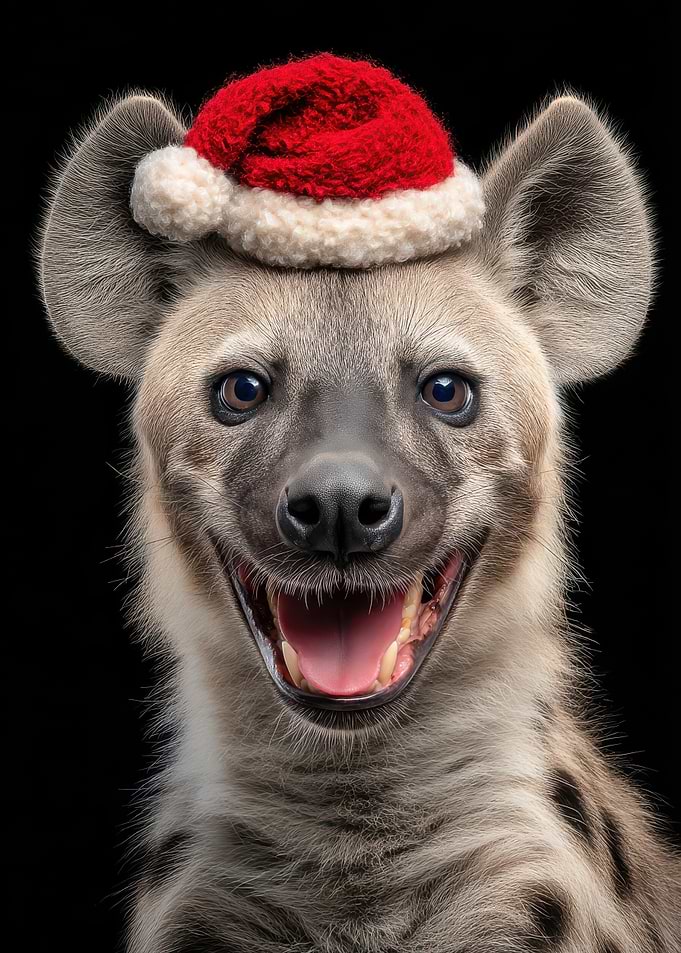 Hyena with Santa Hat Portrait