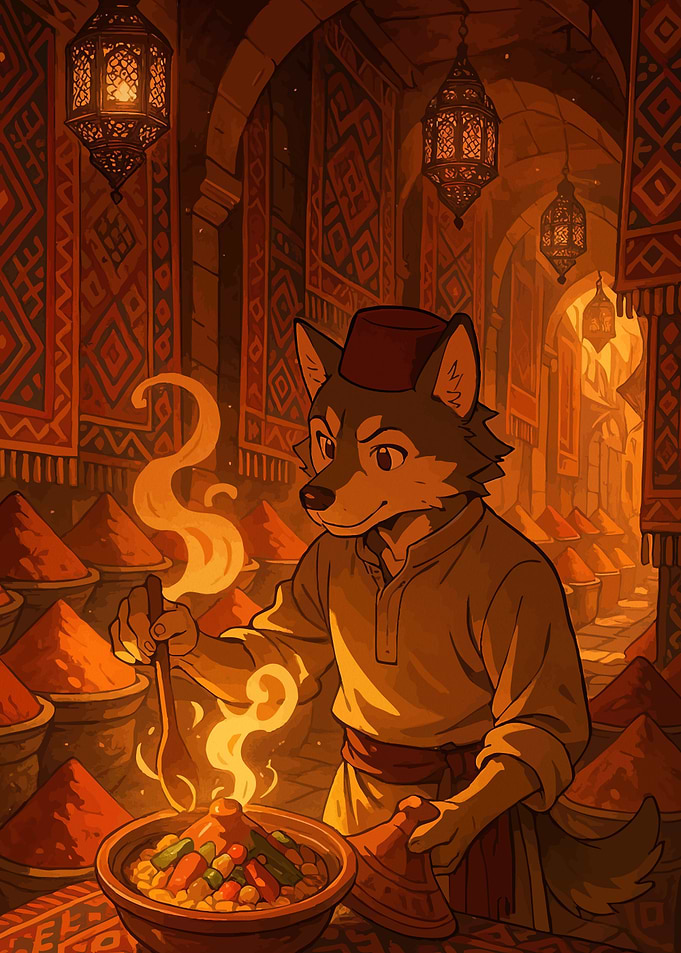 Anthropomorphic Wolf Chef Cooking Tagine