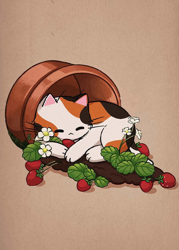 Sleeping Calico Cat in Flowerpot