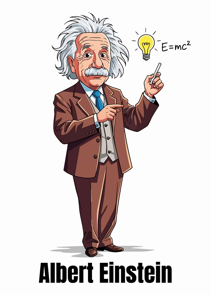 Cartoon Albert Einstein with E=mc2