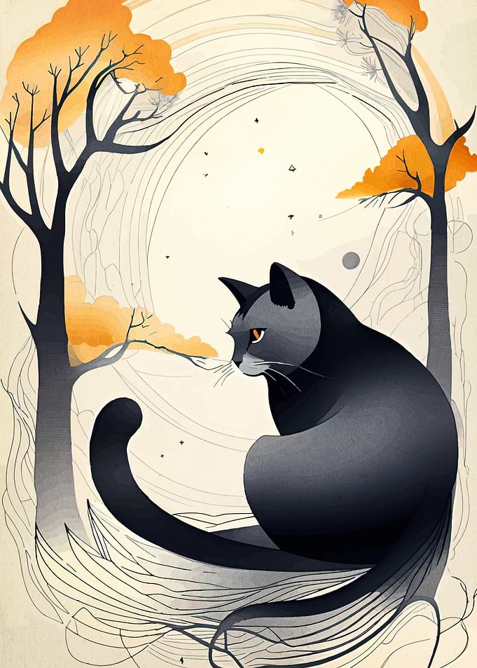 Stylized Cat Portrait with Autumn Trees