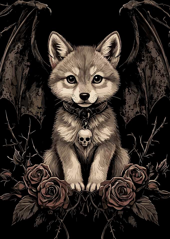 Cute Devilish Wolf Cub with Roses