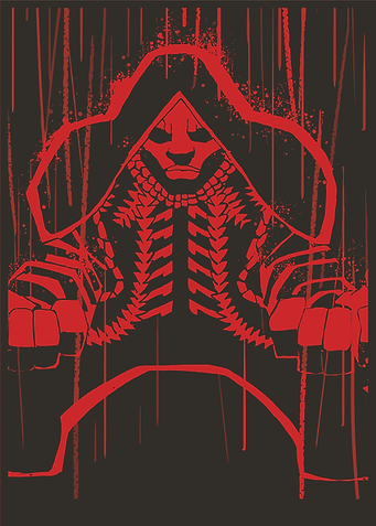 Red Hooded Figure on Black Background