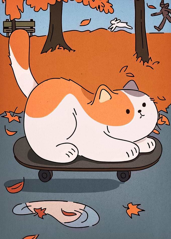 Cat on Skateboard in Autumn Park