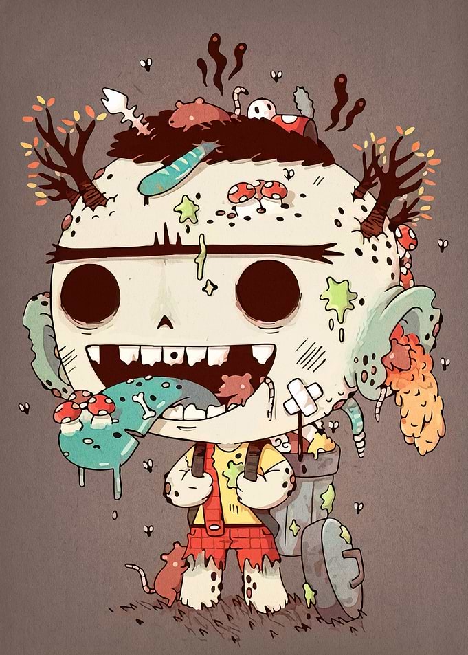 Cartoon Zombie Character with Trash Can